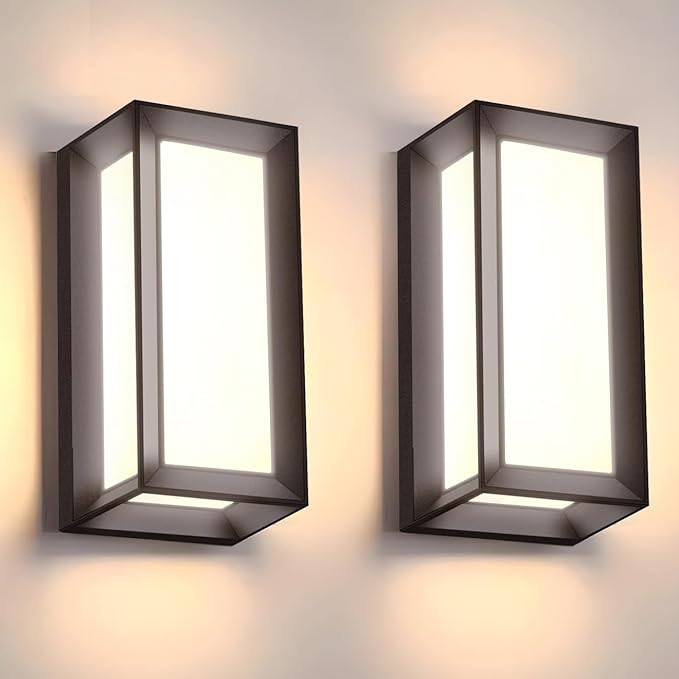 wowlite Modern Outdoor Wall Lights 2 Pack, LED Outdoor Wall Sconce 3 Colors Changeable, Matte Black Exterior Lighting Fixtures, IP65 Waterproof Outside Lights for House Porch Front Door