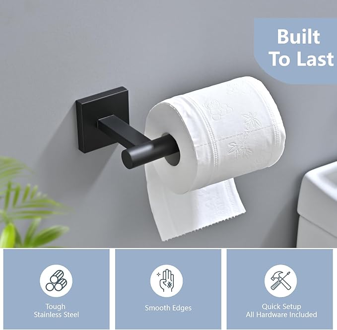 Toilet Paper Roll Holder Stand with 2 Robe Towel Hooks,Wall Mounted Matte Black 3 Piece Bathroom Hardware Set, SUS 304 Stainless Steel, Drilling Hole Bath Accessories (Black)