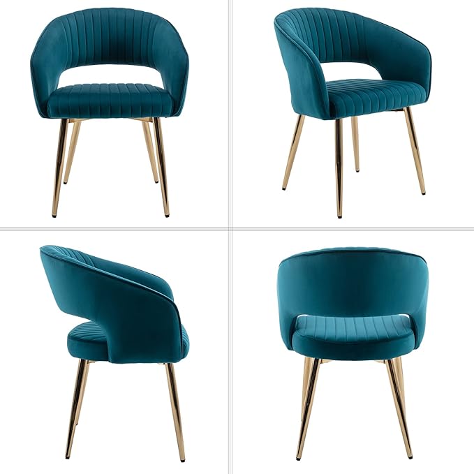 Modern Velvet Dining Chairs Set of 4, Upholstered Gold Dining Chairs with Hollow Back, Dining Room Chairs with Gold Legs, Accent Armrest Kitchen Chairs for Living Room Reception Teal Blue