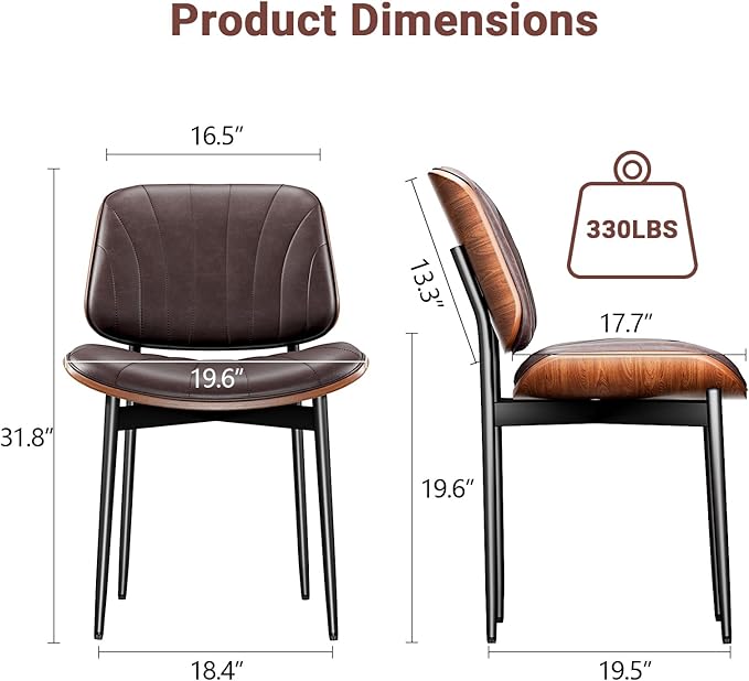 Dining Chairs Set of 2, Dining Room and Kitchen Chairs, Mid Century Modern Accent Chair, Upholstered PU Leather Chairs for Vanity with Walnut Bentwood and Metal Legs, Brown