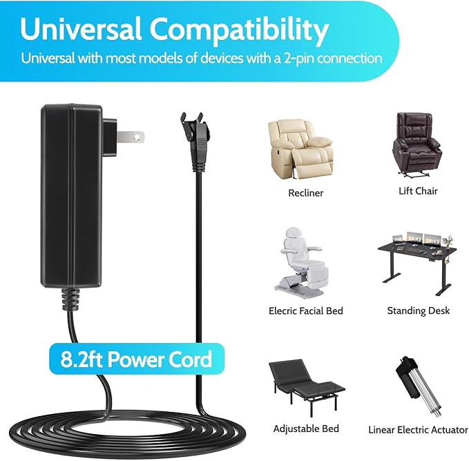 Sopito 2-Pin Power Reliner Power Supply Universal AC/DC Adapter 100-240V, 29V 2A Switching Transformer, Replacement Part for Recliner Sofa/Lift Chair/Electric Couch/Standing Desk