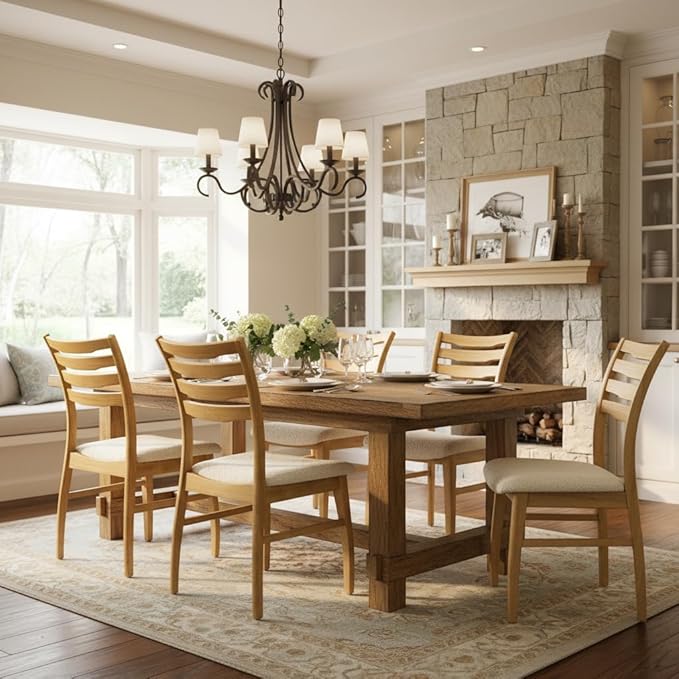 DUOMAY Farmhouse Dining Chairs Set of 4, Fur White Upholstered Side Chairs Solid Wood Ladder Back Kitchen Chairs for Home Dining Room, Light Browm Frame