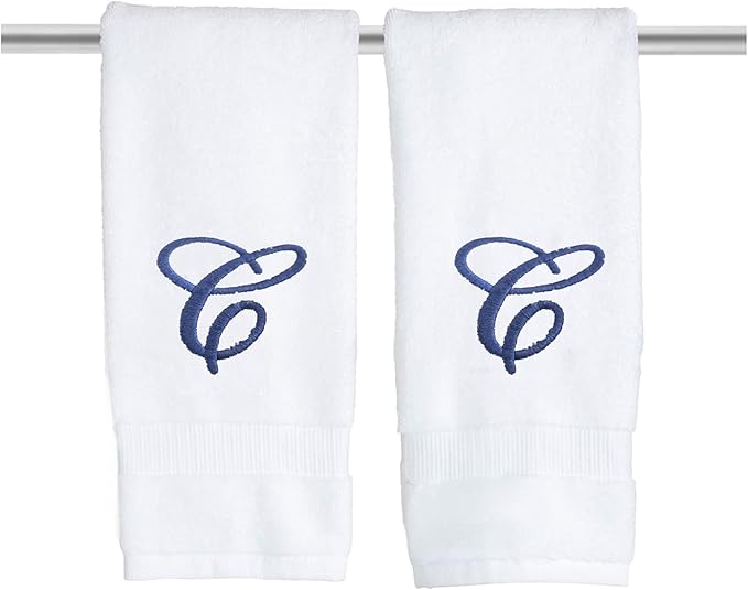 White Monogrammed Hand Towels for Bathroom - Luxury Hotel Quality Personalized Initial Embroidered Towel for Powder Room, Spa - GOTS Organic Certified - Set of 2 Navy Letter C