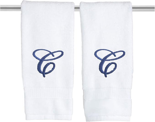 White Monogrammed Hand Towels for Bathroom - Luxury Hotel Quality Personalized Initial Embroidered Towel for Powder Room, Spa - GOTS Organic Certified - Set of 2 Navy Letter C