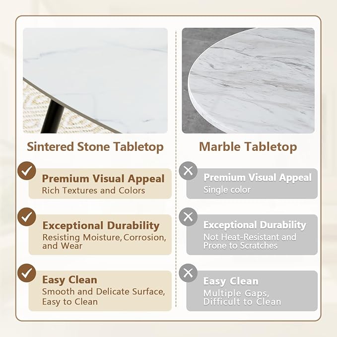 White Dining Table Set for 4, 62'' Dining Table Set for 4, Sintered Stone Dining Room Sets for 4, Easy to Assemble