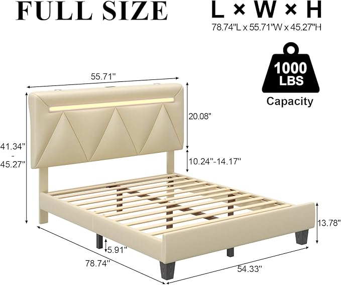 Full Size Bed Frame with Bluetooth Speaker, LED Lights and Charging Station, Faux Leather Linen Fabric Adjustable Headboard,Modern Upholstered Bed, Wood Slat Support, Easy Assemble, Beige