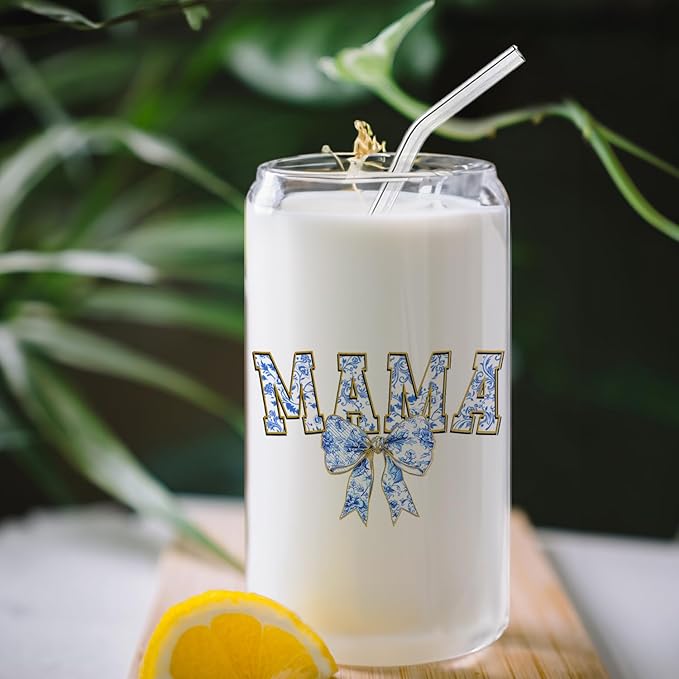 Blue Bow Mama Glass Cup with Lids and Straws 14oz, Best Mother's Day Birthday Gifts for Mama Mom Gifts from Daughters Sons Glass Iced Coffee Tumbler Drinking Jars with Cleaning Brush