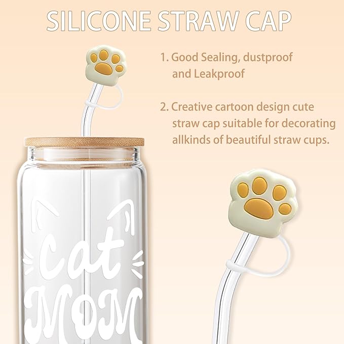 Cat Mom Gifts for Women Mothers Day Crazy Cat Lady Coffee Glass Cup with Lid Straw, Fur Lovers Owners Christmas Gifts for Daughter, Sister, Aunt, Best Friends, BFF - Including Straw Cap, Cozy Socks