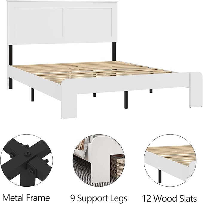 Queen Size Bed Frame, Vintage Platform Bed Frame with Wood Headboard and Footboard, 12 Wood Slats Support, No Box Spring Needed (White)
