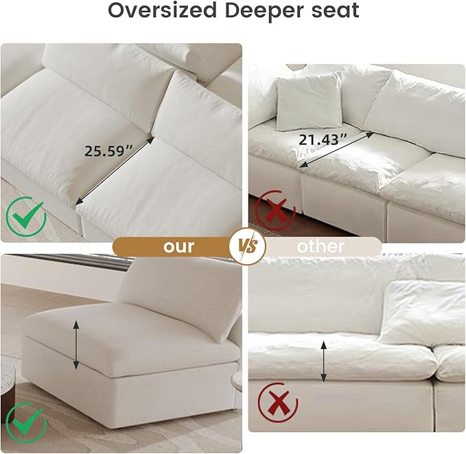 Cloud Modular Sectional Sofa Couch,Oversized U Shaped Couch 6 Seater for Living Room,160.6" Down Filled Convertible Couches with Storage Ottoman, Covers Washable&Replaceable,White
