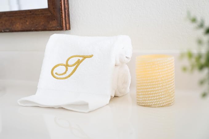 White Monogrammed Hand Towels for Bathroom - Luxury Hotel Quality Personalized Initial Embroidered Towel for Powder Room, Spa - GOTS Organic Certified - Set of 2 Gold Letter T
