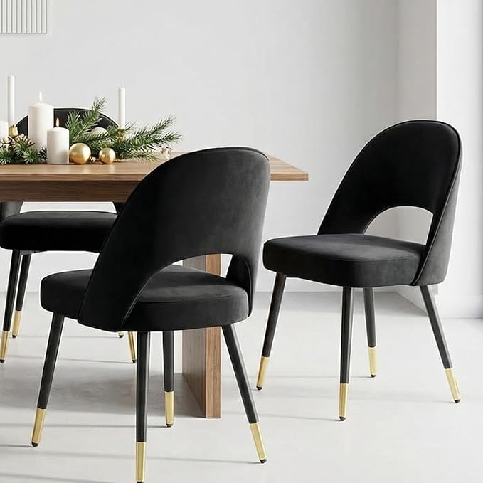LukeAlon Mid Century Modern Dining Chairs Set of 2, Velvet Upholstered Open Back Kitchen Chairs with Gold Metal Legs, Armless Side Chairs for Dining Room, Living Room, Luxurious Black