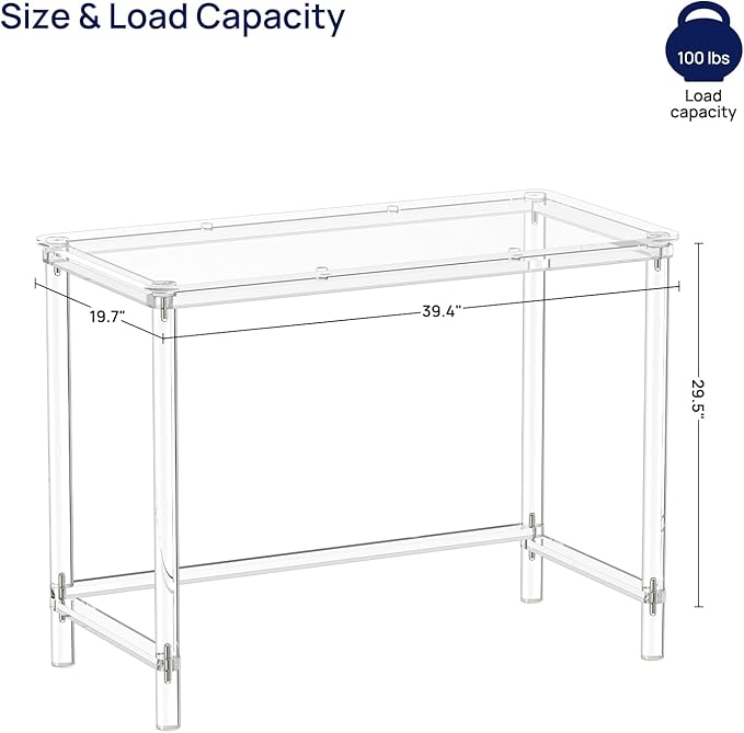 HMYHUM Acrylic Computer Desk, 40 Inch Clear Home Office Desk for Laptop, Study, Writing, Vanity Table with Cylindrical Legs, Modern, Easy Assembly