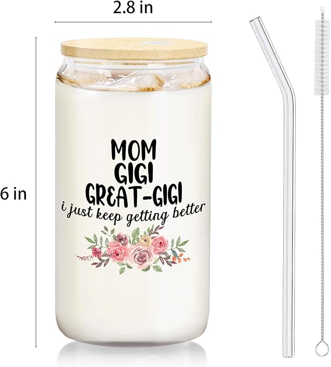 Christmas Grandma Gifts For Mom Gigi Great Gigi Glass Coffee Cup With Lid And Straws 14oz - christmas Glass Cup gifts For Grandmother