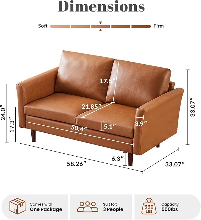 Kingfun Faux Leather 2 Seat Couch for Living Room, Mid Century Modern Sofa with Rolled Arms and Deep Seats, Fluffy Comfort for Apartment, Easy to Assemble, Mid Brown