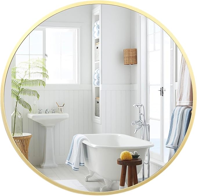 30 Inch Golden Circle Wall Mirror, Modern Round Metal Framed Mirror for Bathroom, Entryway, Living Room, Bedroom, Dining Room, Hallway, Decorative Home Décor, Easy Mount