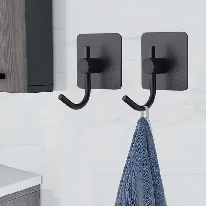 VAEHOLD 4 Pack Wall Hooks, Heavy Duty Sticky Holder Waterproof Aluminum Towel Hooks for Hanging Coat, Hat, Key, Clothes, Closet Hook Wall Mount for Kitchen, Bathroom, Office（Black）