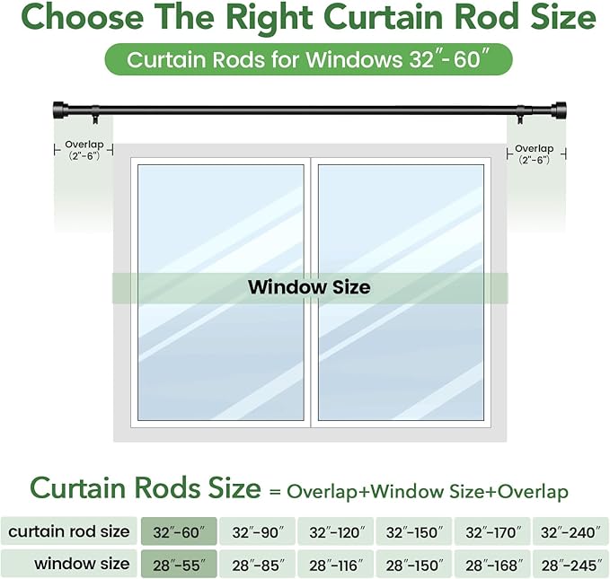 2 Pack Curtain Rods for Windows 28 to 48, 1 Inch Adjustable Black Heavy Duty Window Curtain Rod for Bedroom Living Room, Modern Drapery Rods with End Caps, Size 32"-60"