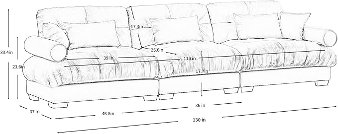 130" Oversized Couch, 3 Seater Modular Sectional Sofa, Beige White Large Sectional Couches for Living Room, Fluffy Couch Set, 3 Seater Velvet Cloud Couches with 5 Pillows, Deep Seat for Living Room