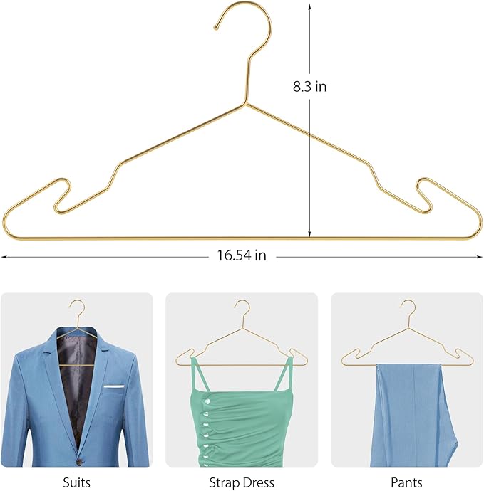 Gold Metal Hangers, 16.5 Inch Smooth and Durable Shirt Dress Hanger, Lightweight and Sturdy Metal Hanger for Suit Jackets and Casual Pants (30 Pack)