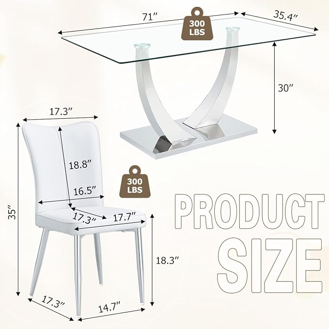 Glass Dining Room Table Set for 8,Kitchen Table Set with 8 PU Leather Chairs,71" Tempered Glass DiningTable Set with Silver U-Shaped Table Legs and Rectangular Base