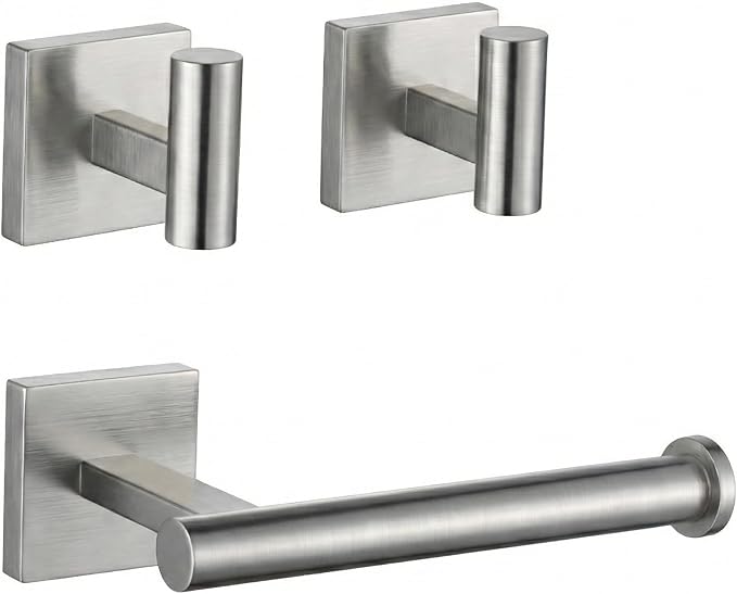Toilet Paper Roll Holder Stand with 2 Robe Towel Hooks,Wall Mounted Brushed Nickel 3 Piece Bathroom Hardware Set, SUS 304 Stainless Steel, Drilling Hole Bath Accessories (Silvery)