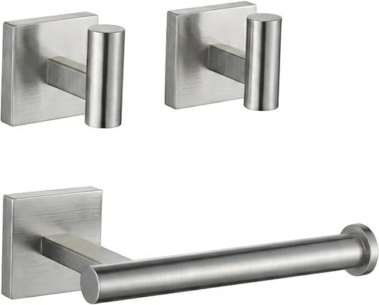 Toilet Paper Roll Holder Stand with 2 Robe Towel Hooks,Wall Mounted Brushed Nickel 3 Piece Bathroom Hardware Set, SUS 304 Stainless Steel, Drilling Hole Bath Accessories (Silvery)
