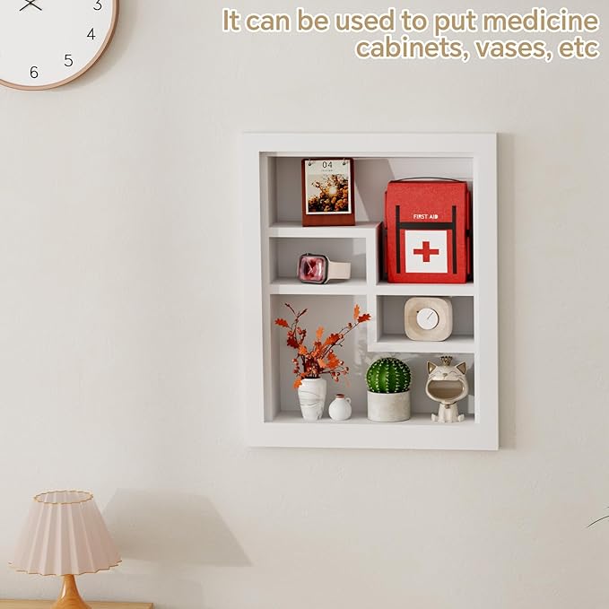 Solid Wood 14 X 18 Recessed Medicine Cabinet,2-Tier, Medicine Cabinet Organizer,Wall Niche, Bathroom Wall Cabinet, Recessed Bathroom Cabinet, Bathroom Cabinet with Storage White