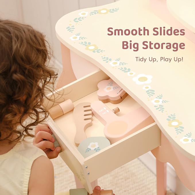 OOOK Kids Vanity Table and Chair Set with Lights, Makeup Vanities with Touch Screen 3 Colors, Pink Girls Vanitys, Enough for Real and Pretend Makeup, Toddler Vanity for 3 Year Old