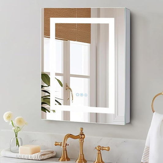 24 x 30 LED Lighted Medicine Cabinet with Lights, Recessed or Surface Wall Mount Medicine Cabinet Mirror for Bathroom with Storage, Outlets & USB, Tempered Glass, 3-Color Dimming, Adjustable Shelf