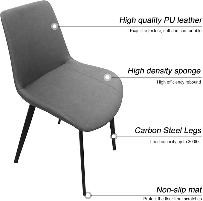 Dining Chairs, Modern PU Leather Dining Room Chair with Sturdy Metal Legs, Upholstered Seat Dinner Chairs Accent Side Chairs for Indoor Kitchen Living Room (Grey, Set of 2)
