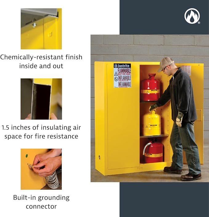 Justrite 17 Gallon Manual Close Piggyback Flammable Storage Cabinet, 18 Gauge Steel, 1 Shelf, 2 Door Fire Cabinet, 24" x 43" x 18", Made in The USA, Red, 891701