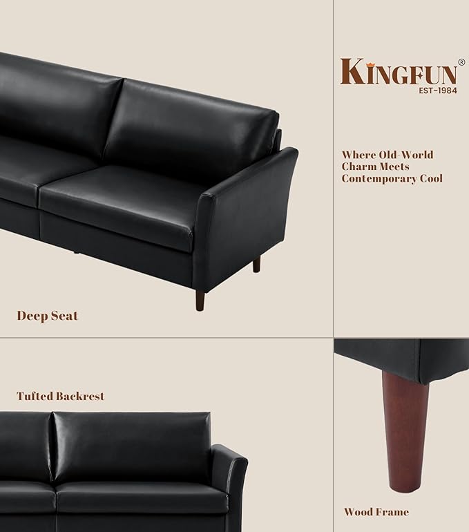 Kingfun Faux Leather 3 Seat Couch for Living Room, Mid Century Modern Sofa with Rolled Arms and Deep Seats, Fluffy Comfort for Apartment, Easy to Assemble, Black