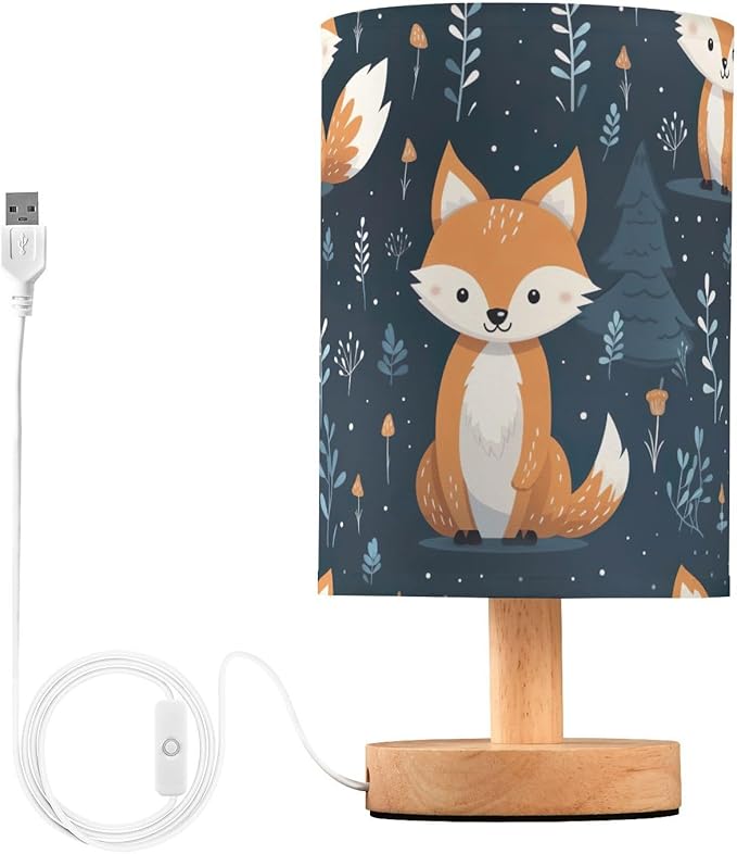 Bedside Lamp Cute Fox Animal Table Lamp with USB Port Wood Base for Living
