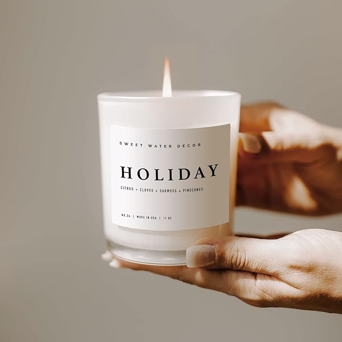 Sweet Water Decor Holiday Soy Candle - Citrus, Cloves, Black Dahlia Petals, Pine Cones and Oakmoss Holiday Scented Candles for Home - 11oz White Jar + Wood Lid, 50+ Hour Burn Time, Made in The USA