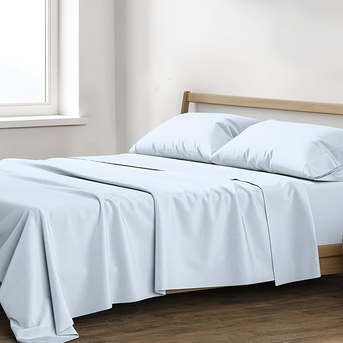 XOOX Linen 100% Egyptian Cotton Sheets California King Size - 1200 Thread Count 4 PC Cal King Sheet Egyptian Cotton, Cooling Sateen Sheet, High Thread Count Sheets California King - Light Blue