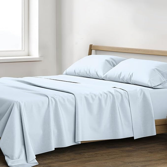 XOOX Linen 100% Egyptian Cotton Sheets California King Size - 1200 Thread Count 4 PC Cal King Sheet Egyptian Cotton, Cooling Sateen Sheet, High Thread Count Sheets California King - Light Blue