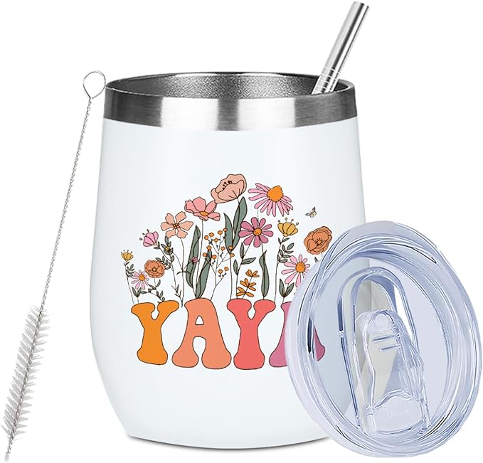 Yaya Grandma Birthday Gifts Wine Tumbler 12 oz Insulated Wine Glass Cup with Lid Straw Vacuum Insulated Travel Cup,Grandma Gifts from Granddaughter for Women Grandmother Christmas Mothers Day