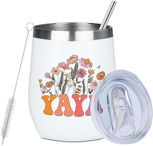 Yaya Grandma Birthday Gifts Wine Tumbler 12 oz Insulated Wine Glass Cup with Lid Straw Vacuum Insulated Travel Cup,Grandma Gifts from Granddaughter for Women Grandmother Christmas Mothers Day