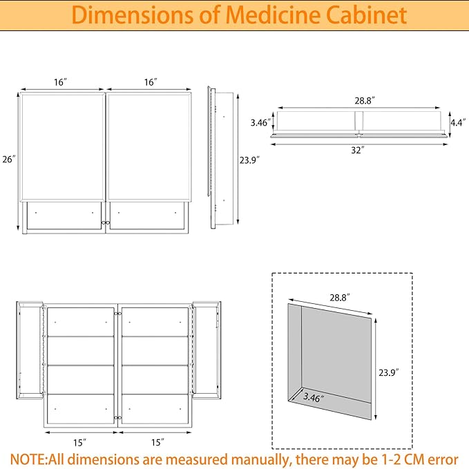 Medicine Cabinet with Mirror, 32x26 Inch Bathroom Mirrored Cabinet with Double Doors, Extra Storage Space, Bevel Mirror Wall Cabinet, Recessed or Surface Mount