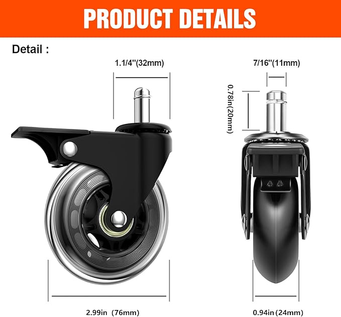 Office Chair Casters with Brake, 3 Inch Universal Casters,Suitable for Carpet and Hardwood Floors, Universal Fits Most Chairs