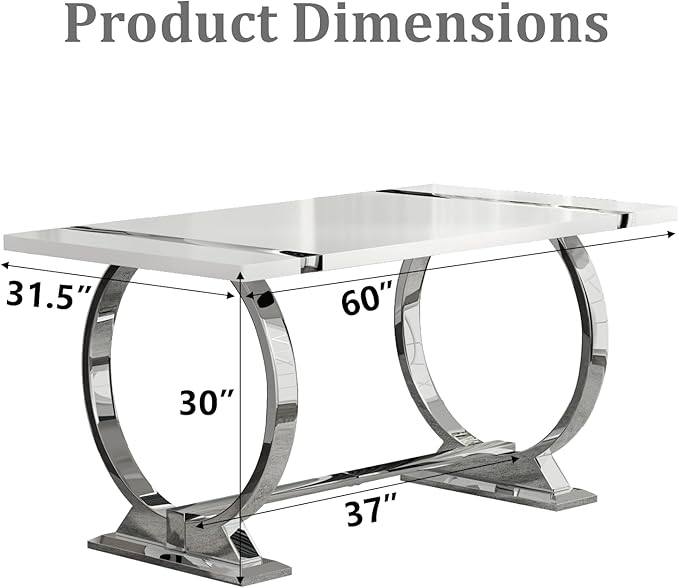 ACEDÉCOR 60in White and Silver Dining Table for 4-6, Modern Luxury Kitchen Room Table with Rectangular Lacquer Top and Silver Stainless Steel Circle Base