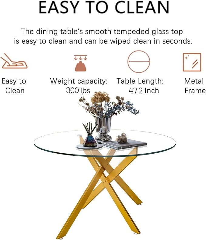 Goujxcy Round Dining Table Set for 4, Modern Glass Kitchen Table and Chairs Set of 4, 5 Piece Dining Room Table Set with 47" Circle Gold Metal Glass Dinner Table and 4 Grey Leather Dining Chairs