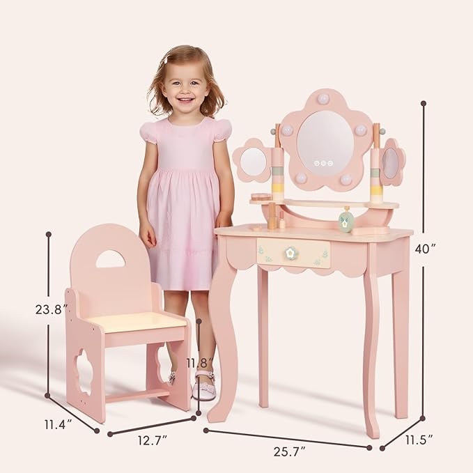 OOOK Kids Vanity Table and Chair Set with Lights, Makeup Vanities with Touch Screen 3 Colors, Pink Girls Vanitys, Enough for Real and Pretend Makeup, Toddler Vanity for 3 Year Old