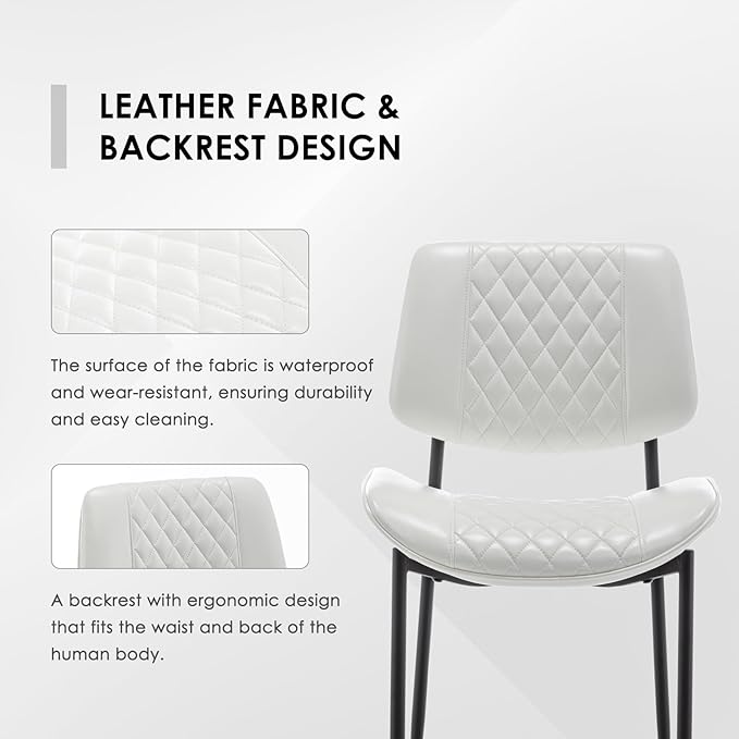 Modern Dining Chairs Set of 2, Leather Dining Chair with Metal Legs, Upholstered Dining Room Chairs for Dining Room, Kitchen, Vanity (White)