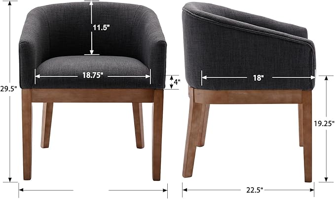 Mid-Century Modern Charcoal Dining Chairs Set of 2, Linen Upholstered Kitchen Dining Room Chairs with Wood Legs, Curved Backrest Armchairs, Charcoal