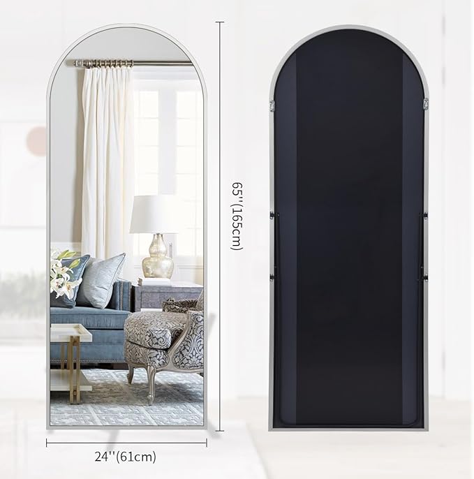 BEAUTYPEAK 65"x24" Arch Full Body Floor Mirror, Full Length Mirror Hanging or Leaning Arched-Top, Wall Mirrors with Stand for Bedroom, Dressing Room, Silver