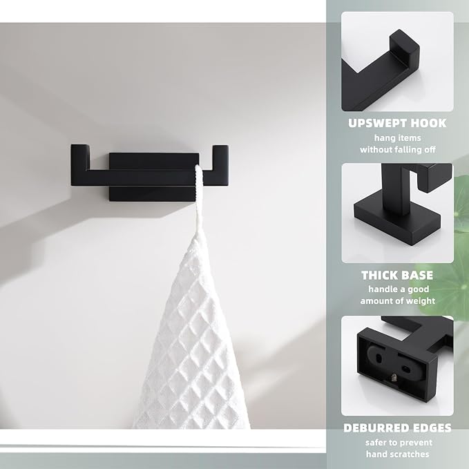 Suyar Double Towel Hook, SUS 304 Stainless Steel Coat Robe Hook for Bathroom, Hand Towel Holder, Matte Black