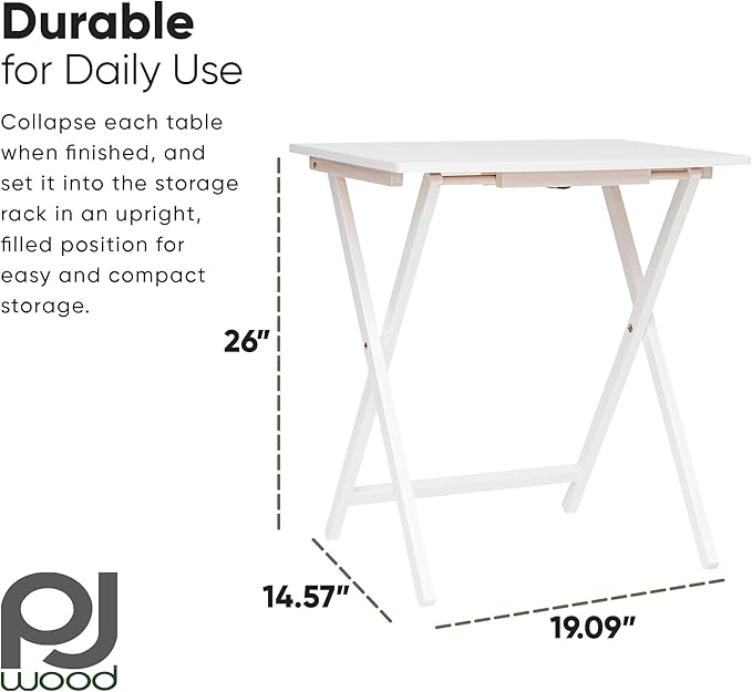 PJ Wood 5 Pack XL Oversize Tray Table for Living Room or Kitchen, Indoor TV Tray Set for Small Spaces and Family Gatherings, White
