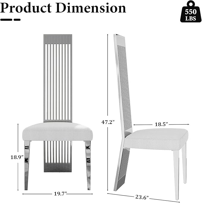 Modern Dining Chairs Set of 6, White Boucle Dining Room Chairs with Silver Polished Stainless Steel Legs, Upholstered Chairs with High Back and Metal Legs for Kitchen/Living Room/Restaurant